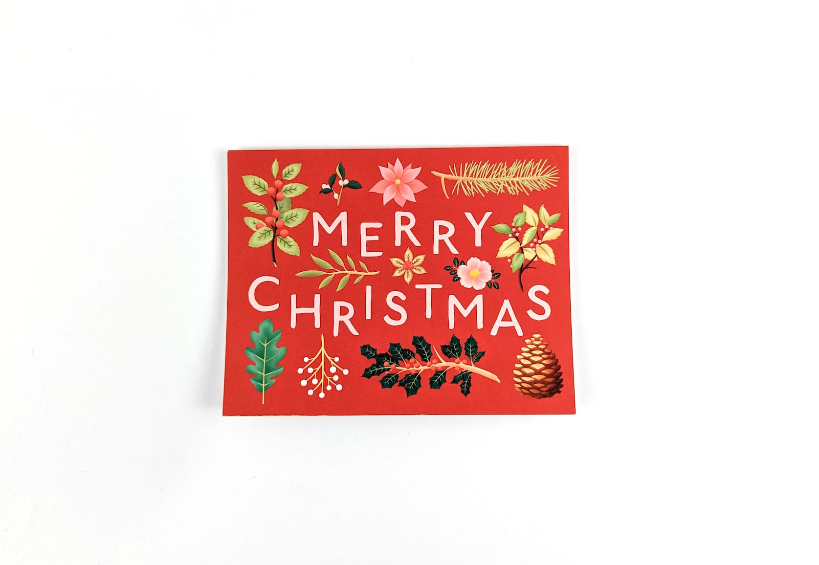 Red horizontal card with pink text in the centre that reads: Merry Christmas. A variety of holiday plants are featured around the text.