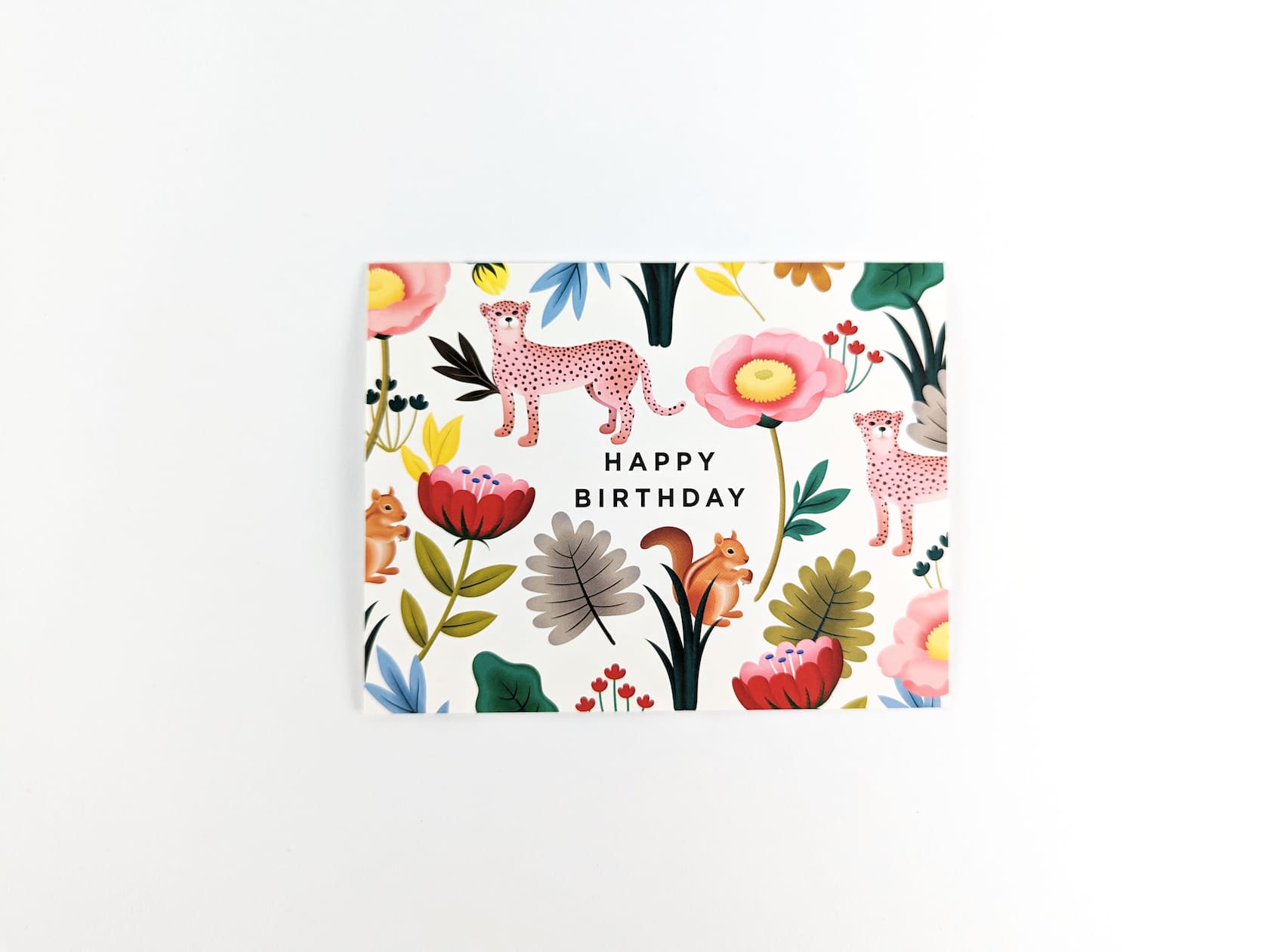 Cream horizontal card with black text in the centre that reads: HAPPY BIRTHDAY. Two cheetahs, two squirrels and a variety multi-coloured flowers and leafs are featured around the text.
