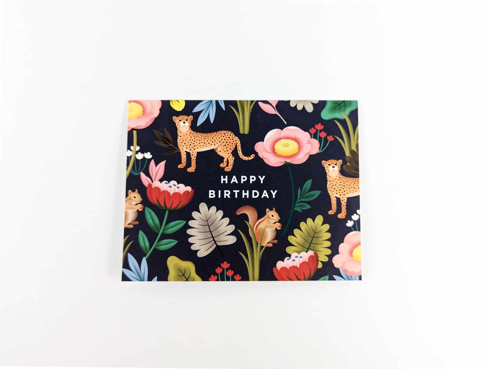 Navy horizontal card with black text in the centre that reads: HAPPY BIRTHDAY. Two cheetahs, two squirrels and a variety multi-coloured flowers and leafs are featured around the text.